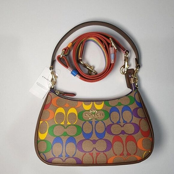 NWT Coach CA176 Teri Shoulder Bag Rainbow Signature Canvas Leather Khaki Multi - Picture 8 of 8